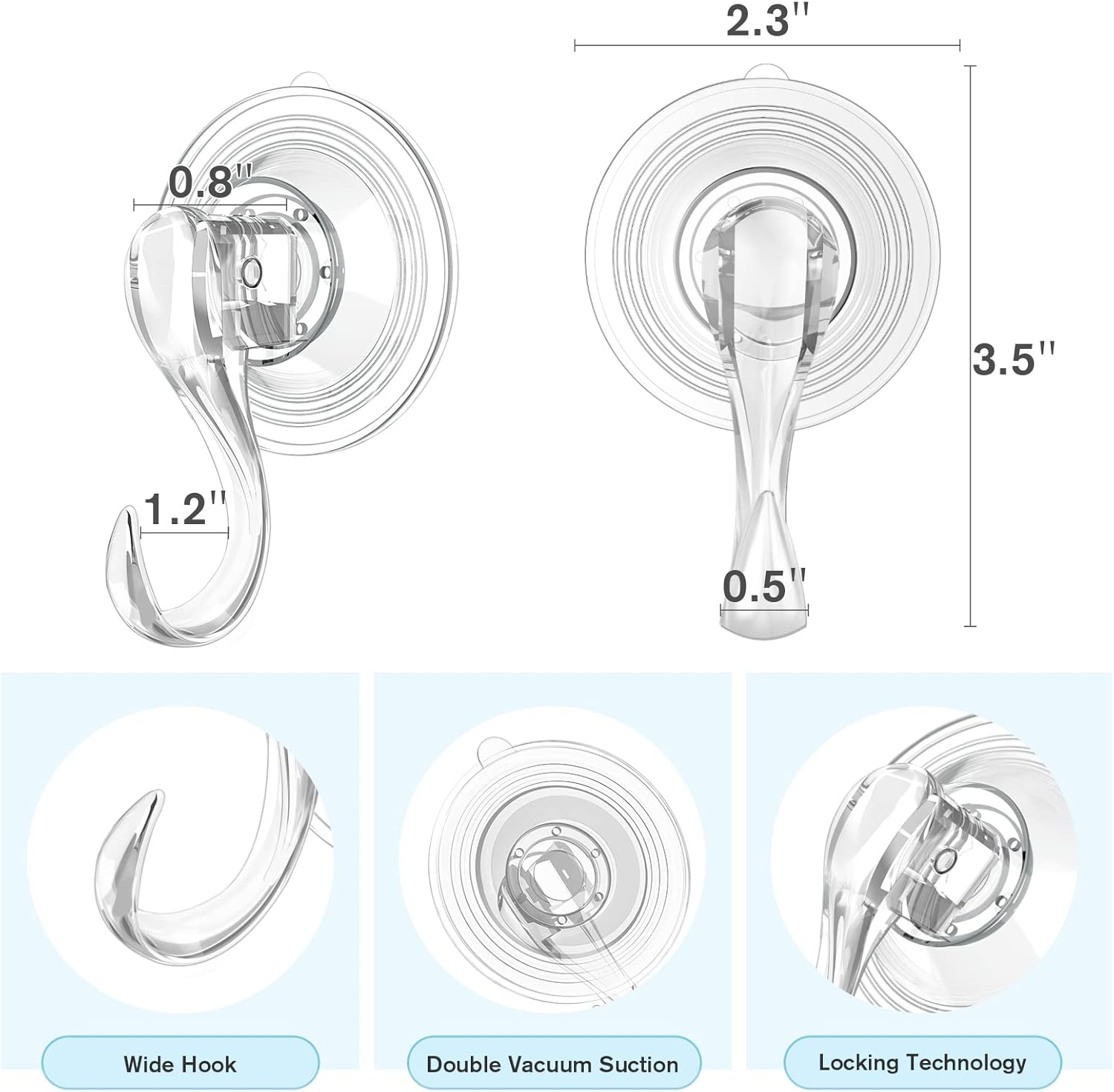 VIS'V Suction Cup Hooks - Heavy Duty Removable Shower Hooks | Clear, 4 Pack with Wipes