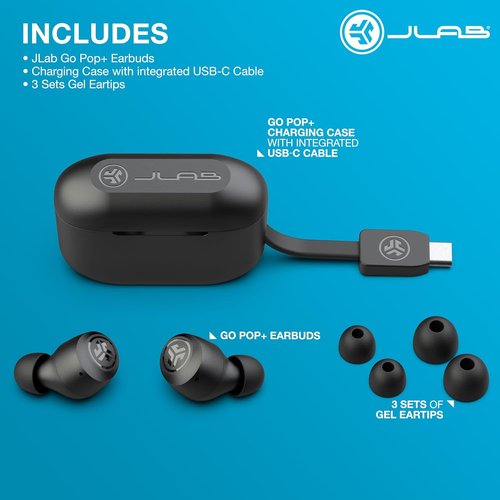JLab Go Air Pop+ True Wireless Earbuds - 35H Playtime, Bluetooth with Microphone, USB-C Charging, Black