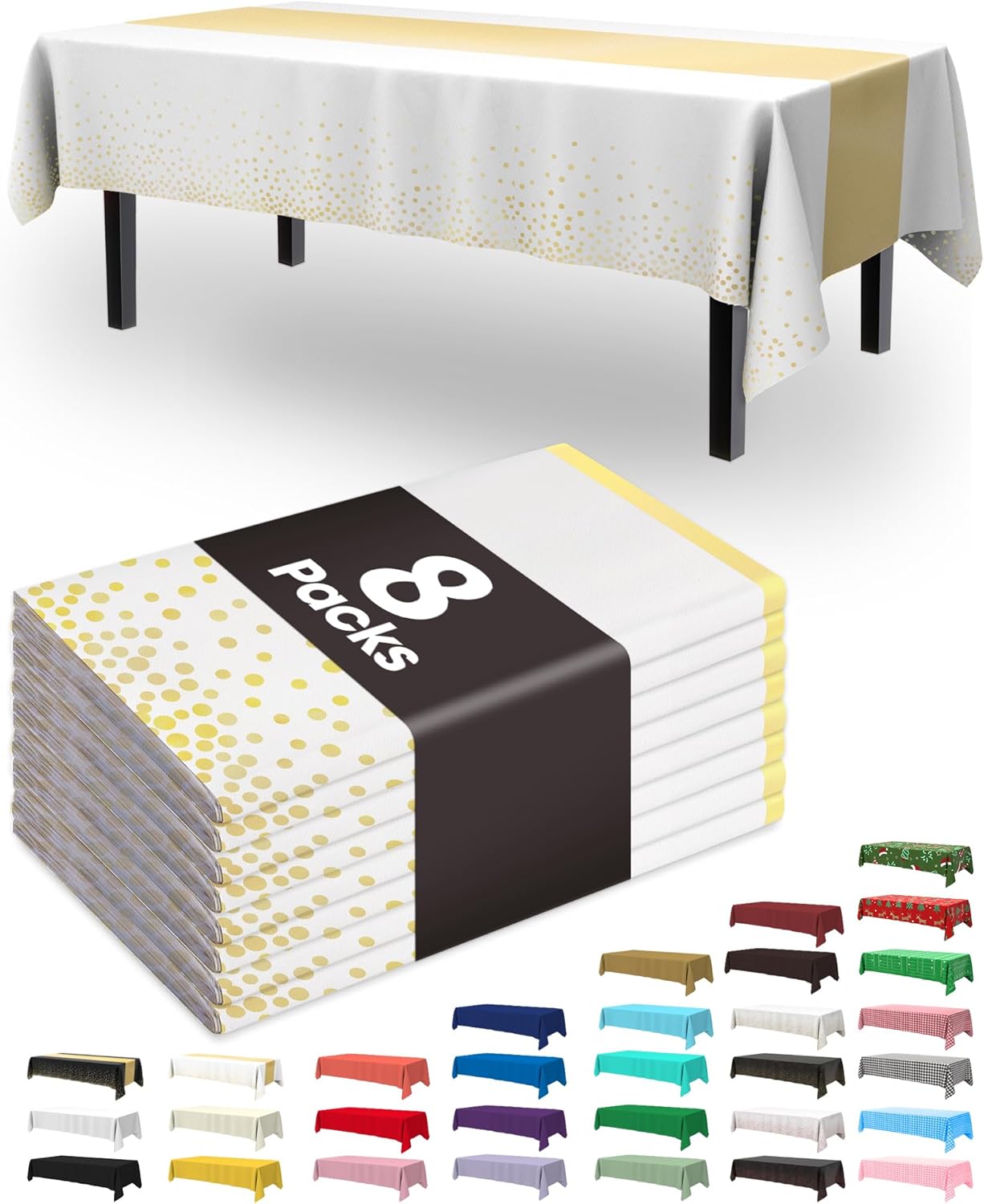Pureegg Disposable Plastic Tablecloths - 8 Pack, 54 x 108 Inch, Leakproof & Sturdy, White Gold
