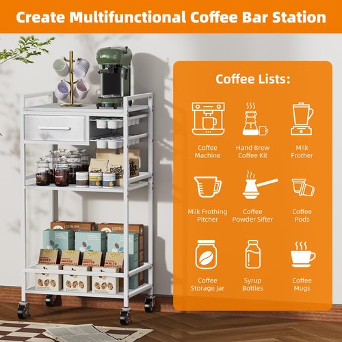 Housolution 4-Tier Coffee Bar Cart with Storage, 33" H Coffee Station Cabinet with Pod Drawers for Nespresso Vertuo, Mini Toaster Oven Stand Table for Home, Kitchen, Living Room (White + Grey)