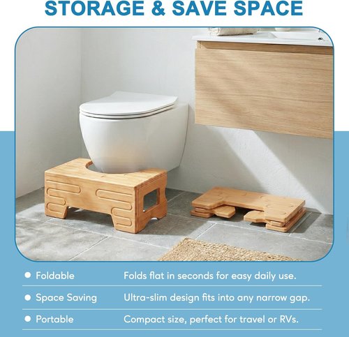 Bamboo Foldable Toilet Stool - Adjustable 7" & 9" Heights, Non-Slip Design for Kids & Adults | Compact & Space-Saving (Natural Color)