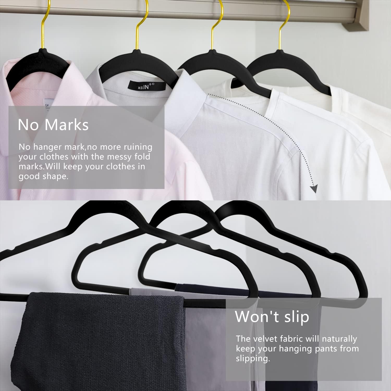 MIZGI Premium Velvet Hangers - 30 Heavy-Duty Non-Slip Slimline Suit Hangers - Black with Gold Hooks