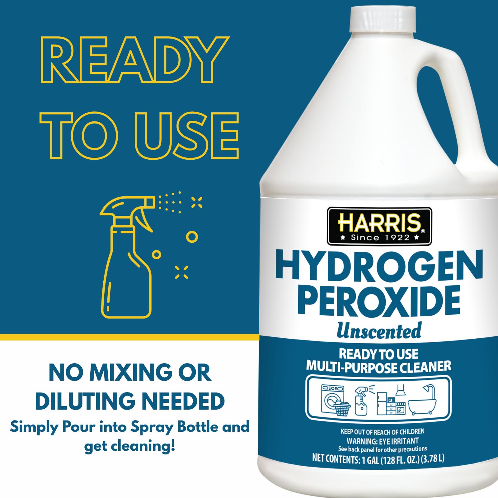 HARRIS Hydrogen Peroxide Ready to Use, 128oz, for Kitchen, Bath, Laundry and Home with Easy Fill Funnel Included, Unscented
