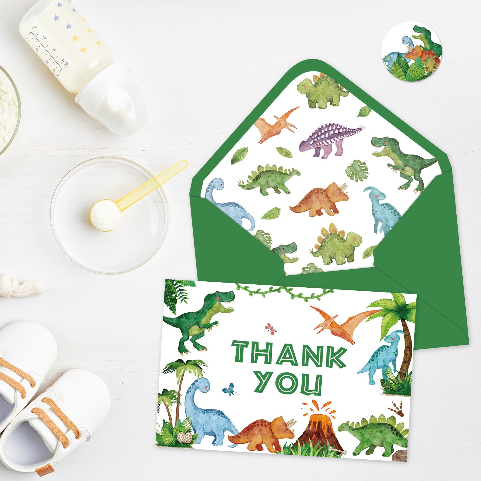 Whaline 24 Pack Dinosaur Thank You Cards Watercolor Green Jurassic Greeting Card with Envelopes Sticker Cute Animal Blank Note Card for Baby Shower Party Invitation Supplies, 4 x 6 Inch