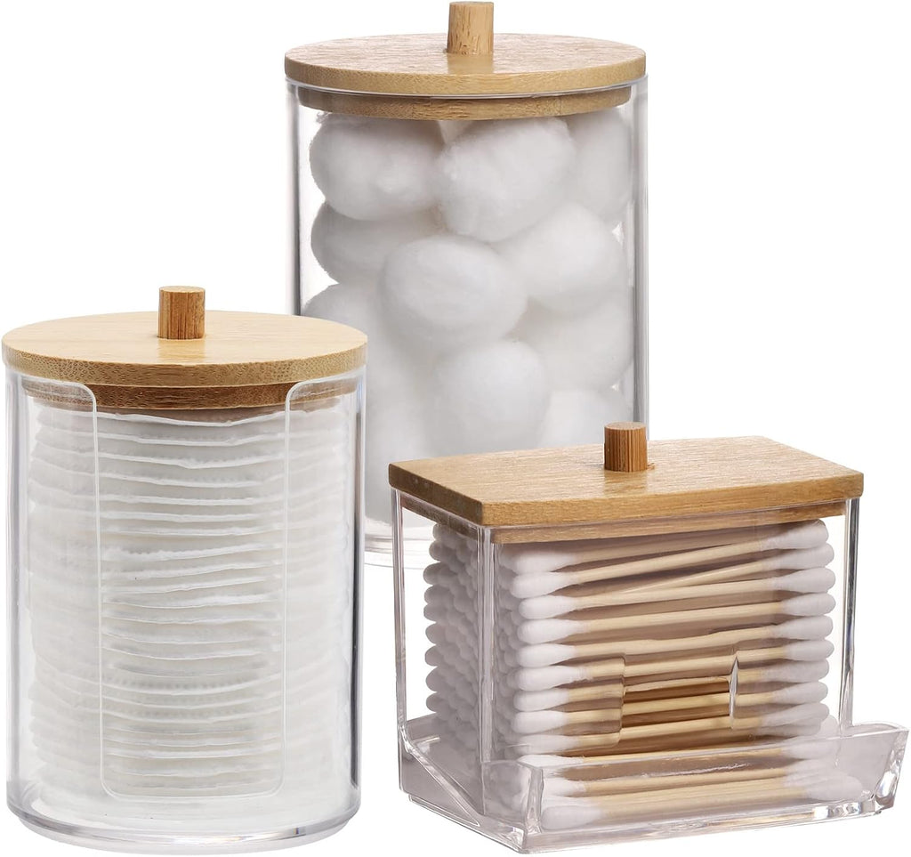Tbestmax Bathroom Organizer Set | 3-Piece Bamboo Lid Storage for Q-Tips & Cotton Balls - 10 Oz Jars