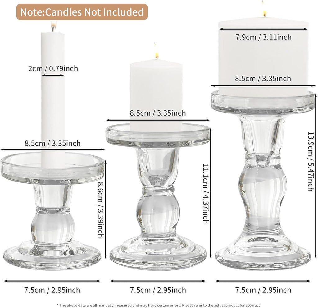 Skiennix Glass Candle Holders - Elegant 3-Piece Crystal Clear Design for Pillar & Taper Candles