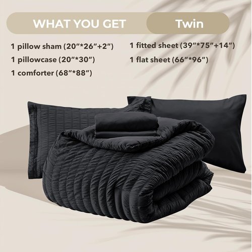 HYMOKEGE Twin Comforter Set - Luxurious 5-Piece Seersucker Bedding Set for All Seasons | Black