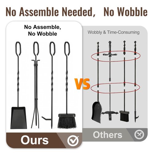 AMAGABELI GARDEN & HOME 5 Pieces Fireplace Tools Set Indoor Wrought Iron Fire Place Pit Large Poker Wood Stove Log Firewood Tongs Holder with Handles Modern Black Outdoor Accessories Kit