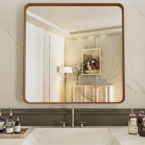 LOAAO 30x30 Bathroom Mirror - Rounded Rectangle Design with Wood Grain Metal Frame | Anti-Rust, Versatile Hanging Options