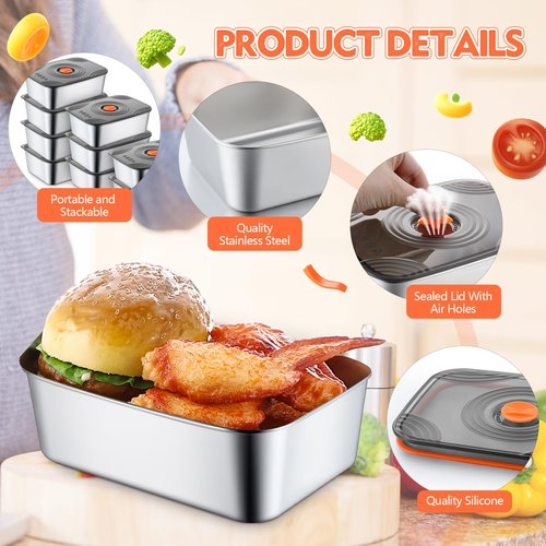 Layhit 16 Sets 34oz Stainless Steel Food Storage Containers with Lids Large Reusable Stackable Metal Container Outdoor Rectangle Fruit Lunch Box for Picnic Travel Dishwasher and Freezer Safe