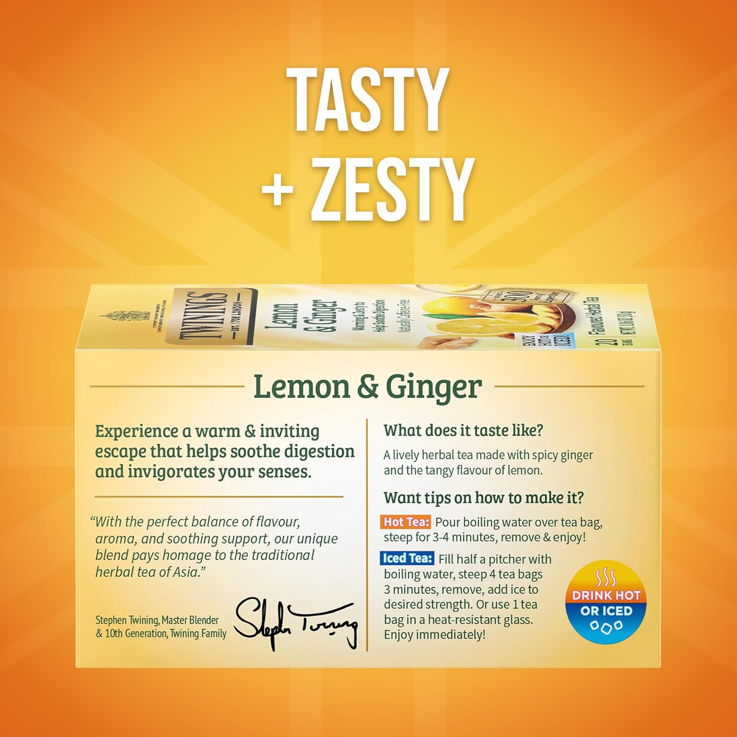 Twinings Lemon & Ginger Herbal Tea - Caffeine-Free, Tangy & Spicy, 120 Individually Wrapped Bags