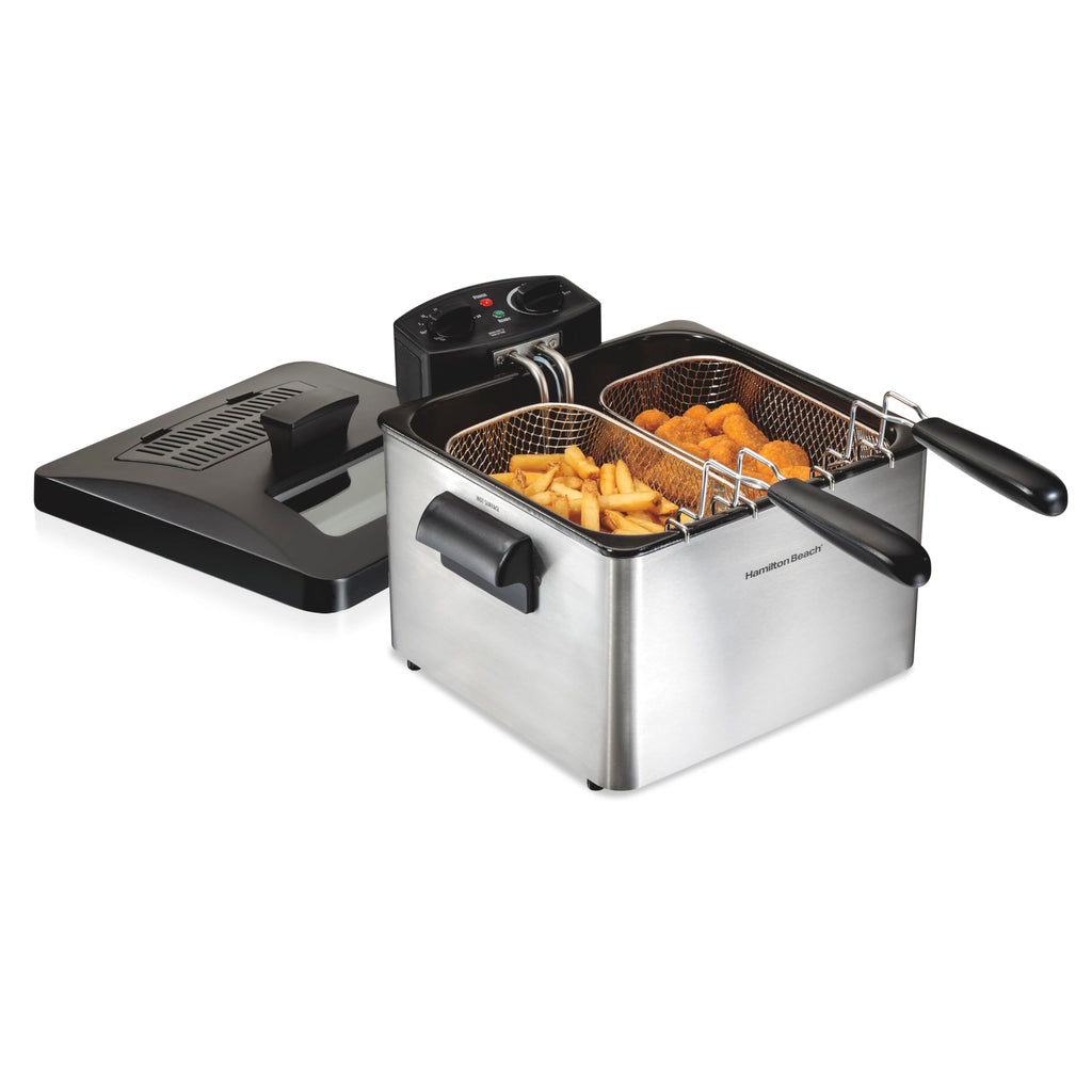 Hamilton Beach Electric Deep Fryer with 2 Baskets and Lid, 4.5 Liters / 19 Cups Oil Capacity, Temperature Control, View Window, Professional Style, 1800 Watts, Stainless Steel (35036)