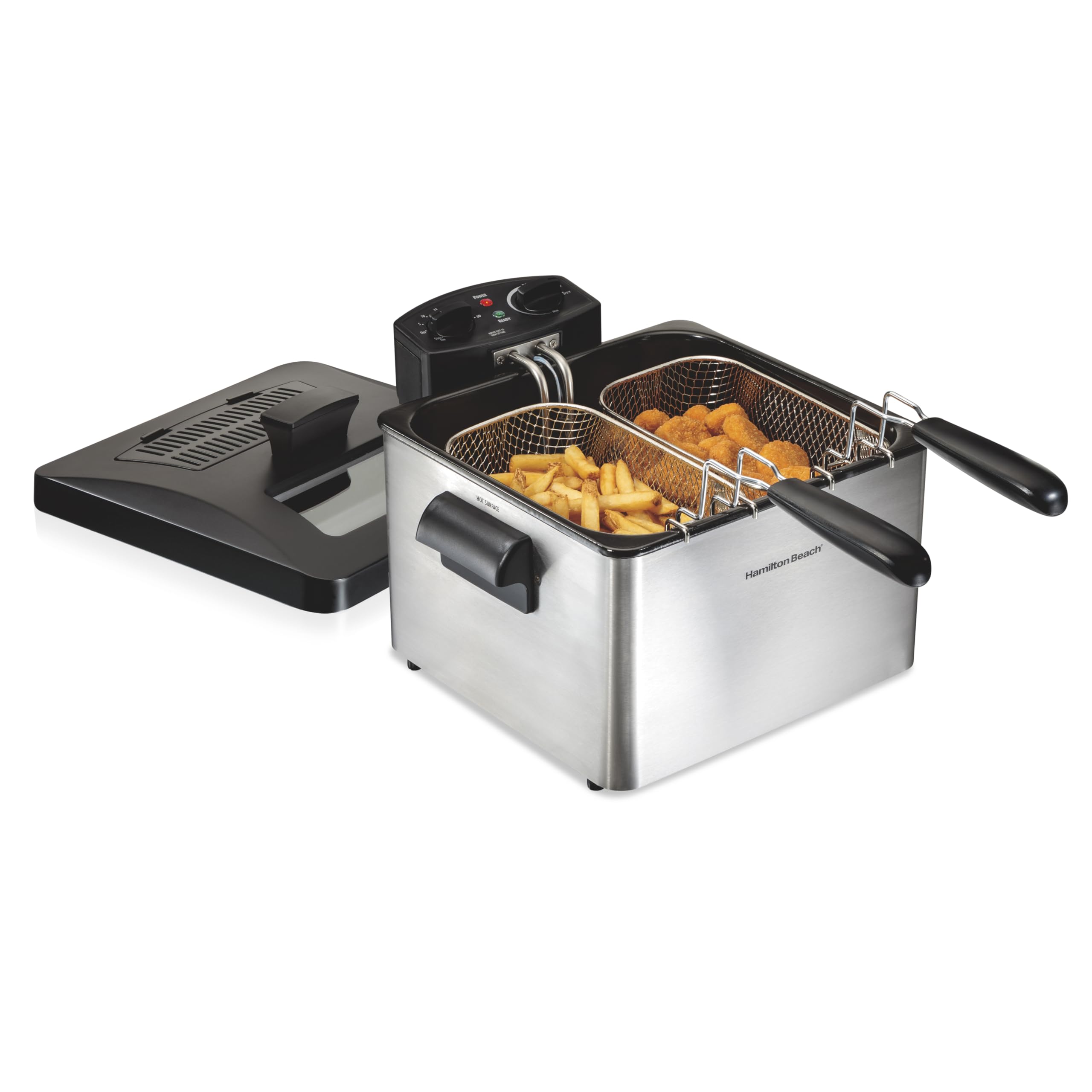 Hamilton Beach Electric Deep Fryer with 2 Baskets and Lid, 4.5 Liters / 19 Cups Oil Capacity, Temperature Control, View Window, Professional Style, 1800 Watts, Stainless Steel (35036)