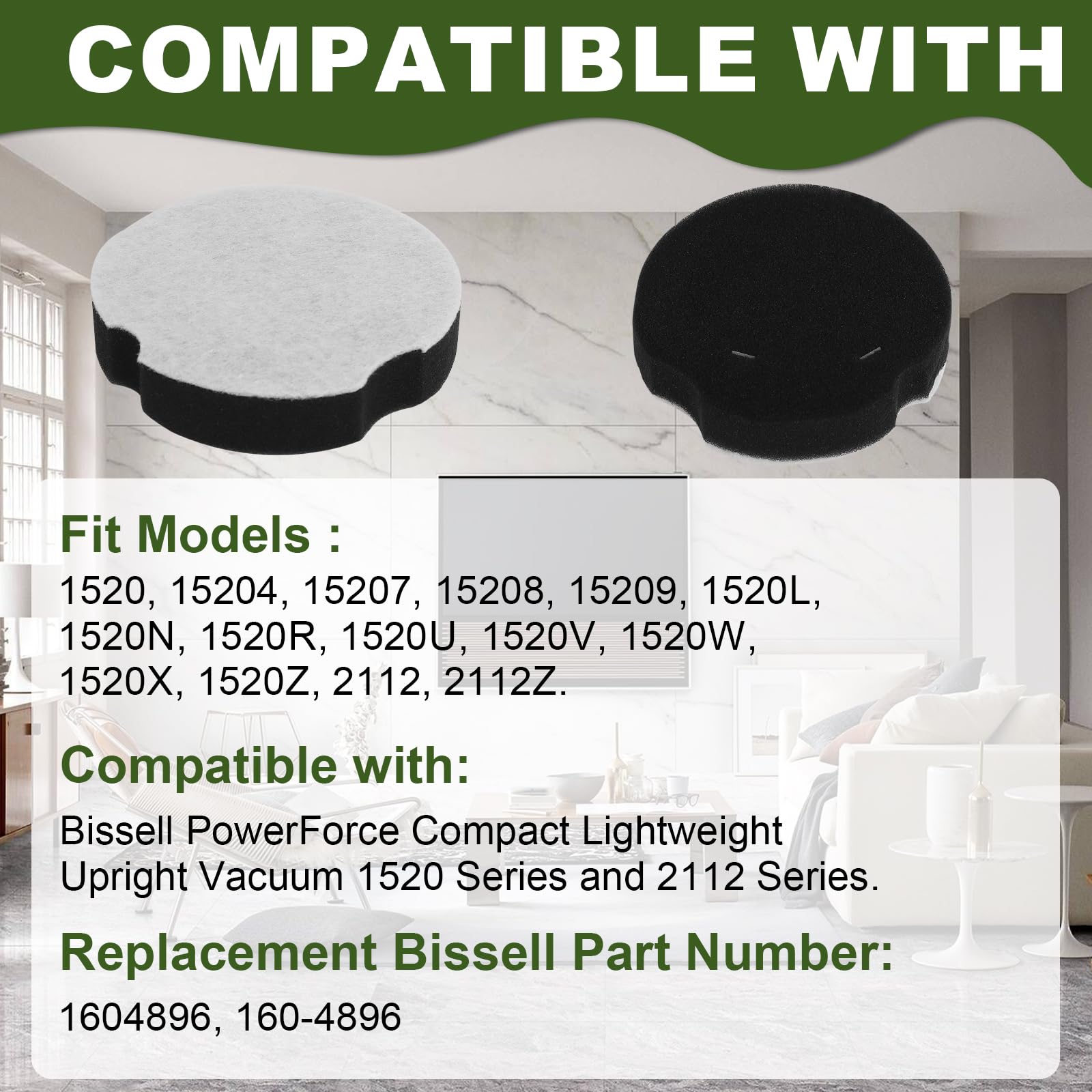 Replacement Filter Compatible with Biss-ell PowerForce Compact Lightweight Upright 1520 2112 Series Cleanview Compact Turbo 3508 3437F Vacuum Cleaner, Replace 1604896 160-4896（6 Packs)