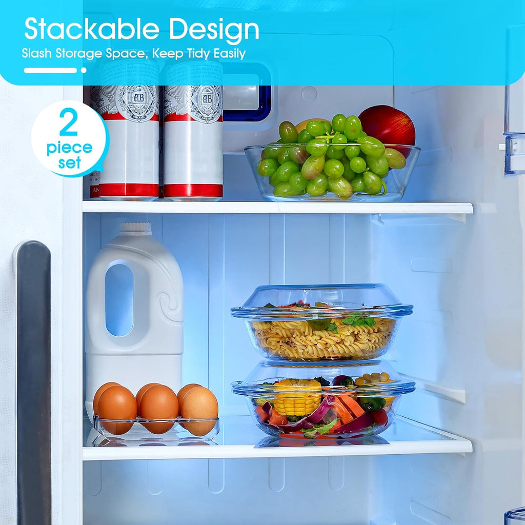 Skiennix 2-Piece Glass Casserole Dish Set - 1 Liter Round Oven Safe Bakeware with Lid & Handles