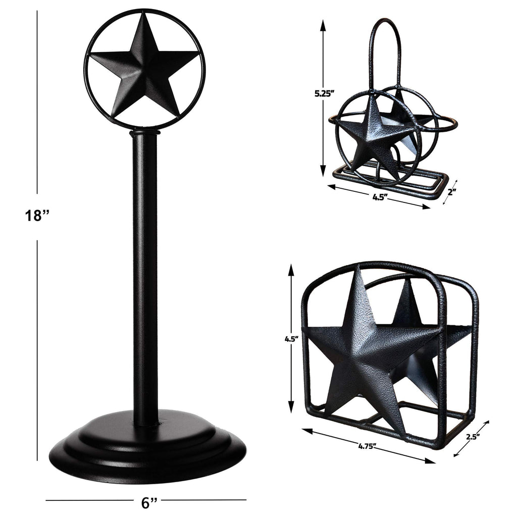 Black Rustic Texas Star Paper Towel Holder, Napkin Holder, Salt and Pepper Shakers Holder, Country Farmhouse Iron Kitchen Counter Accessory Set Holders (Paper Towel, Napkin, S&P Holder (3 Piece Set))
