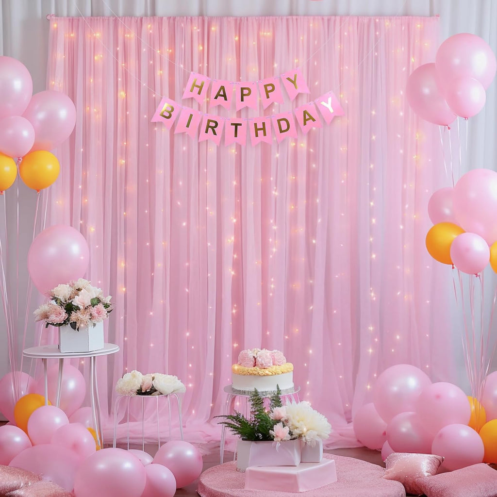 Skiennix 10ft x 10ft Pink Backdrop Curtain - Sheer Tulle with String Lights for Weddings & Parties