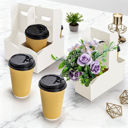 Lawei 50 Pack 2 Cup Drink Carrier with Handle, Disposable White Cardboard Paper Cup Holder Tray for Cold/Hot Drinks, Coffee Carrier, Food Delivery, Thickened Take Out Cup Carriers, Easy Assemblable