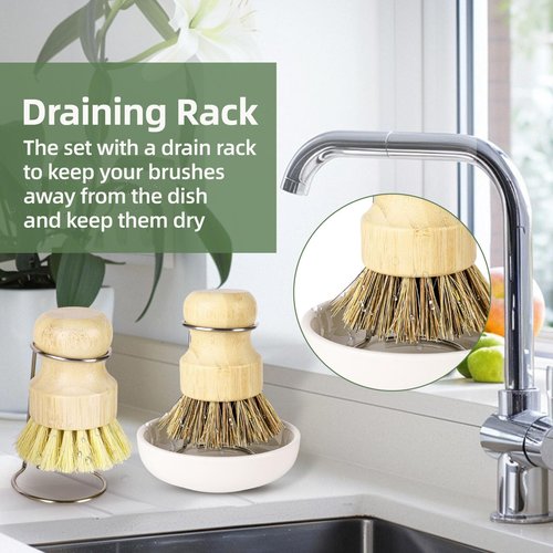DEBETOOL Bamboo Dish Brush Set with Holder - Natural Dish Scrub Brush for Cleaning Dishes, Fast Dry Design Kitchen Dish Brush for Sinks & Pots