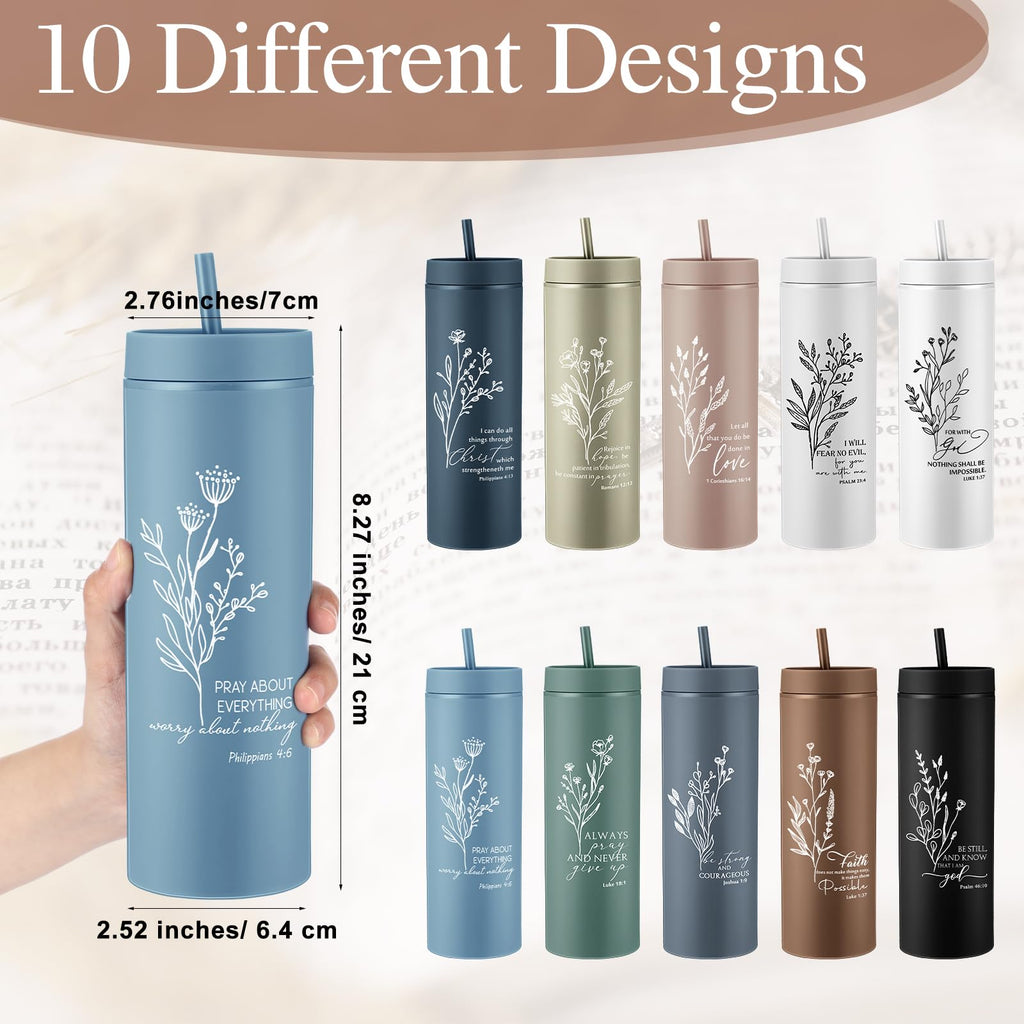 Teenyyou 10 Pcs Christian Mother's Day Tumbler Church Gifts for Women Fathers Day for Men Bible Verse Skinny Cups 16 oz Plastic Religious Cups with Lid Straws for Administrator Volunteer Nurse Gifts