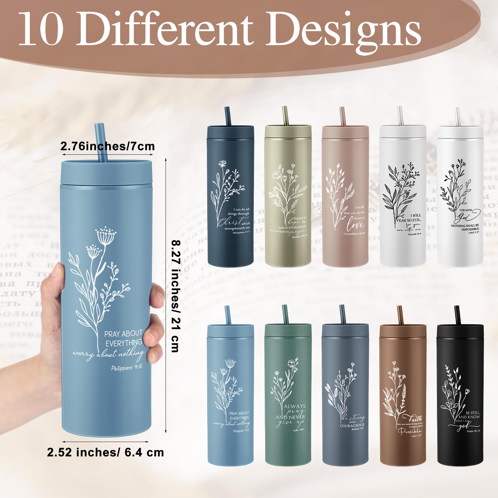 Teenyyou 10 Pcs Christian Mother's Day Tumbler Church Gifts for Women Fathers Day for Men Bible Verse Skinny Cups 16 oz Plastic Religious Cups with Lid Straws for Administrator Volunteer Nurse Gifts