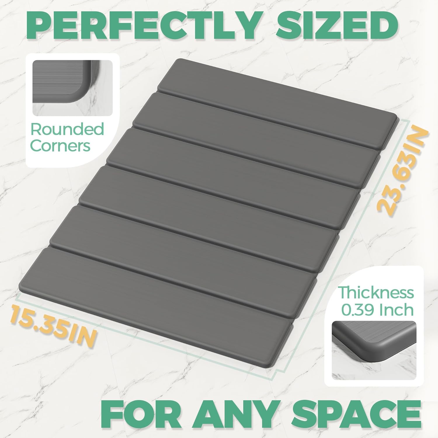 SYIPO Stone Bath Mat - Non-Slip Diatomite Bath Mat, Super Absorbent & Quick Drying | 23.6 x 15.3”, Dark Gray