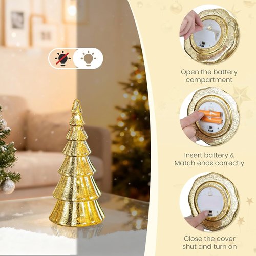 Hewory Gold Christmas Tree Decorations - Set of 5 Glass Tabletop Trees with LED Fairy Lights | Glitter Mercury Glass Holiday Decor