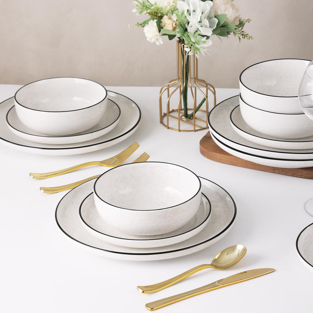 SOVEGLEE Plates and Bowls Sets for 4,12 Pieces Ceramic Dish set, White Dinnerware Set for Kitchen, Modern Design Plate Sets with Black Rim, Microwave and Dishwasher Safe