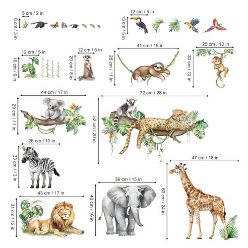 decalmile Large Jungle Animals Tree Branch Wall Stickers Safari Elephant Giraffe Leopard Tropical Leaves Wall Decals Baby Nursery Kids Room Wall Decor(XXL)