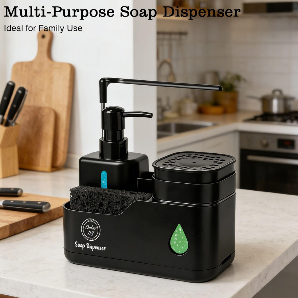 Kitchen Soap Dispenser Set (Black) – 4 in 1 Dual Pump Bottles with Sponge Caddy, Brush Holder, Towel Bar & Drain Rack – Space-Saving Countertop Organizer for Sink & Bathroom