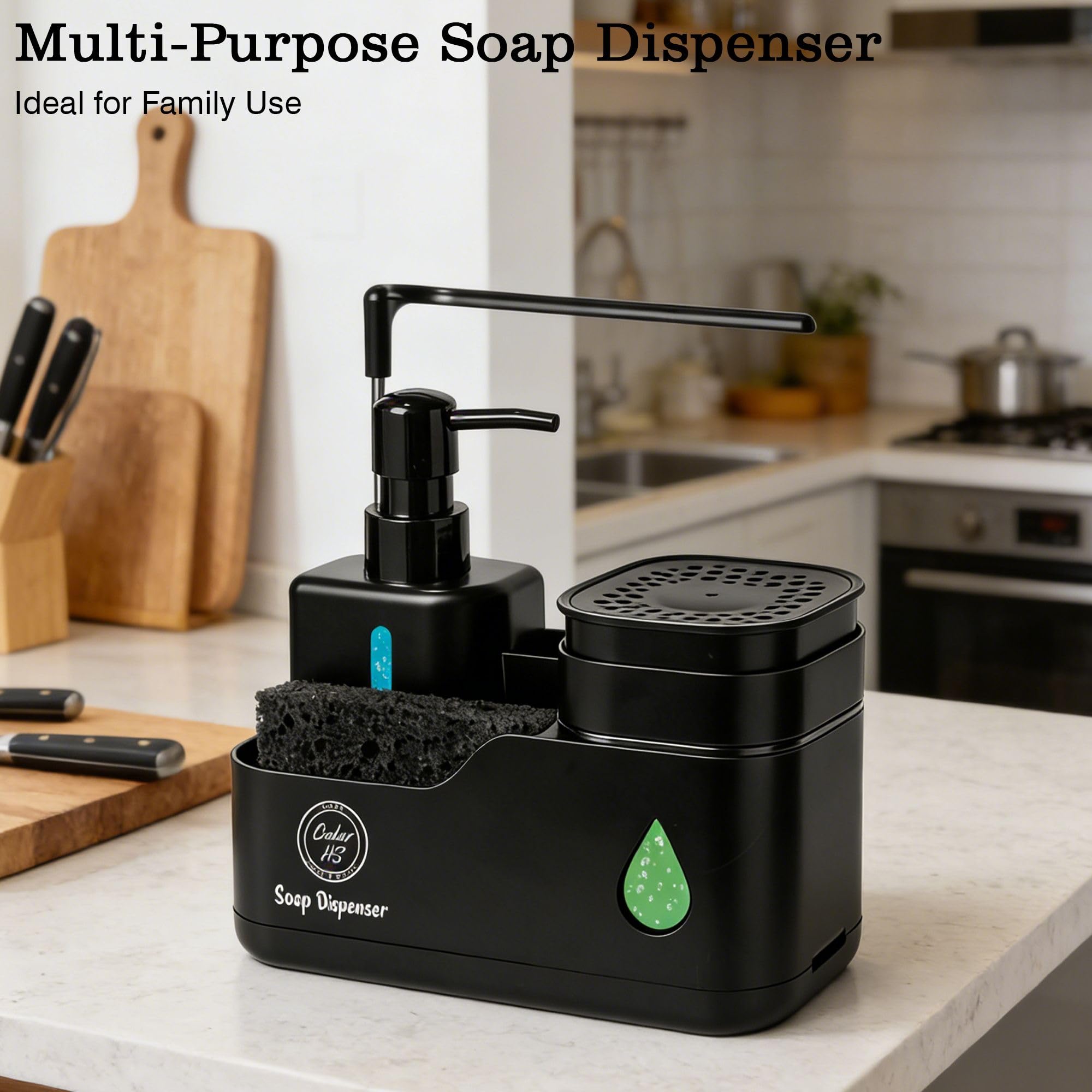 Kitchen Soap Dispenser Set (Black) – 4 in 1 Dual Pump Bottles with Sponge Caddy, Brush Holder, Towel Bar & Drain Rack – Space-Saving Countertop Organizer for Sink & Bathroom