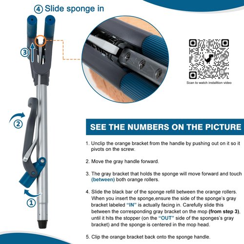 Sponge Mop for Floor Cleaning, 50" Heavy Duty Roller Mop with 4 Cellulose Refill Heads, Easy Self-Squeeze for Hardwood Tile Concrete, Wall Ceiling
