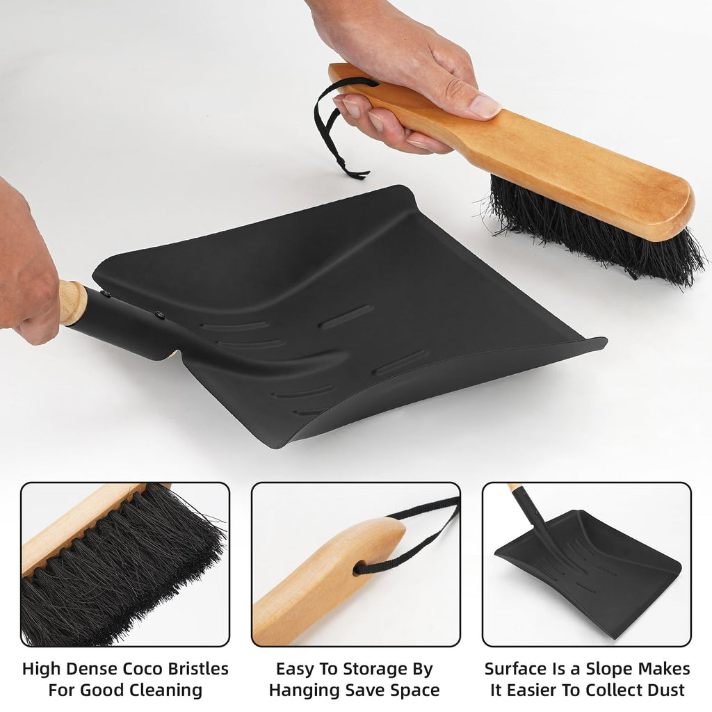 Permade Fireplace Ash Shovel and Brush Set, Coal Shovel and Hearth Brush Set, Fireplace Tools Set Indoor Outdoor Rust Resistant Made of Natural Wood & Coco Bristles for Easy Cleaning