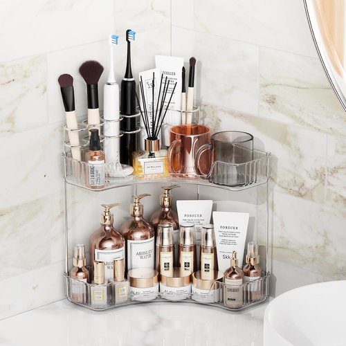Asayuee 2-Tier Corner Bathroom Organizer - Large Makeup & Skincare Storage | Clear Design