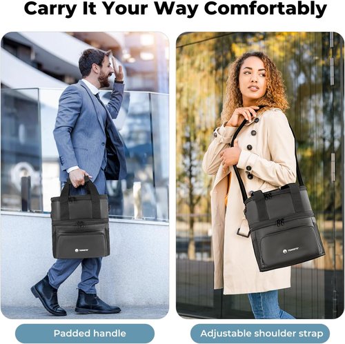 Insulated Lunch Box - Double Deck Leakproof Cooler Bag for Work & Travel | Large 15L Black