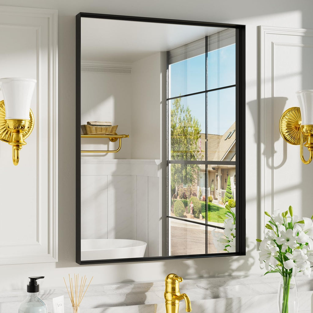 Regine Switzerland Black Vanity Wall Mirror - 22x30 Inch Rectangular Aluminum Framed Design | Anti-Rust Tempered Glass