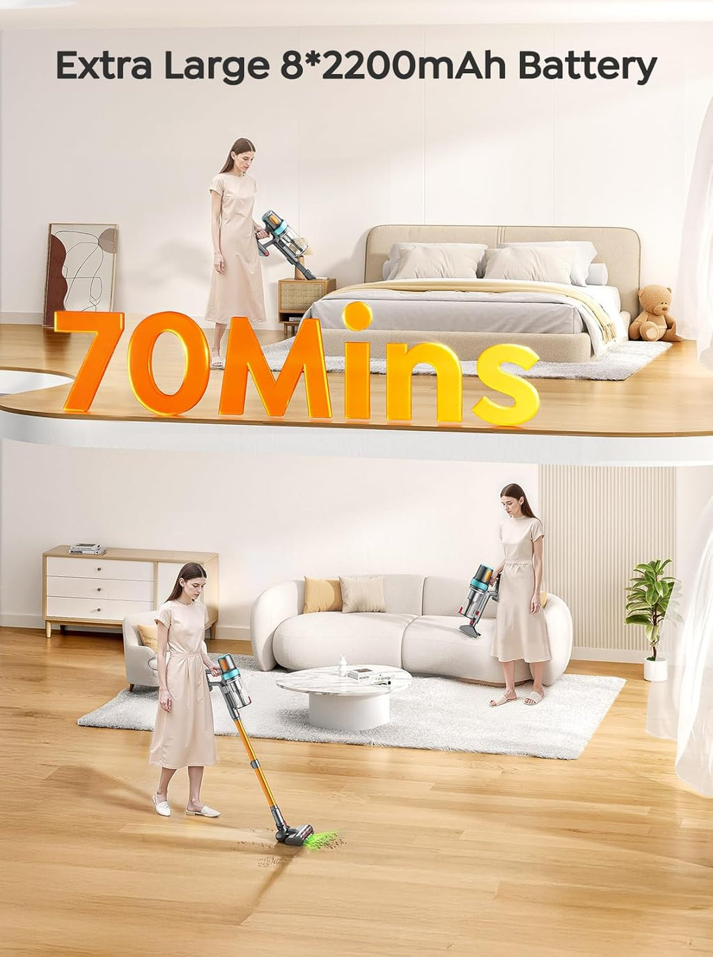 Skiennix Cordless Vacuum Cleaner - 650W 55KPA Suction Power | 70-Minute Runtime, LED Touch Screen, Auto Mode for Carpets & Hard Floors