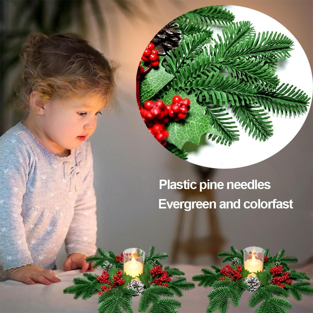 Skiennix Christmas Small Wreaths - 3Pcs 13.5-Inch Greenery Pine Candle Rings for Home Decor
