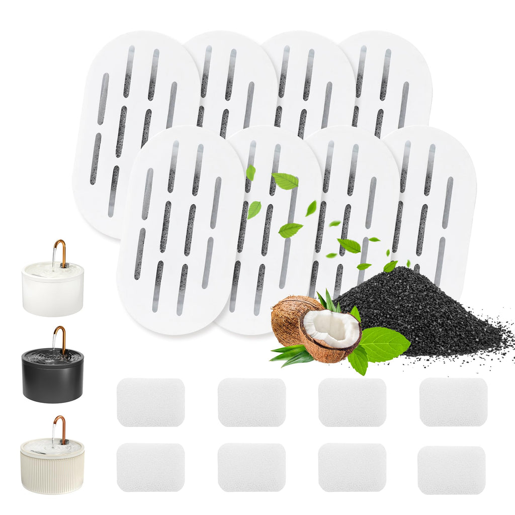 MISFANS Ceramic Cat Water Fountain Filters, 8 Pack Replacement Filters & 8 Pack Replacement Pre-Filter Sponges Set for MISFANS and Other Ceramic Pet Fountain Water Dispenser