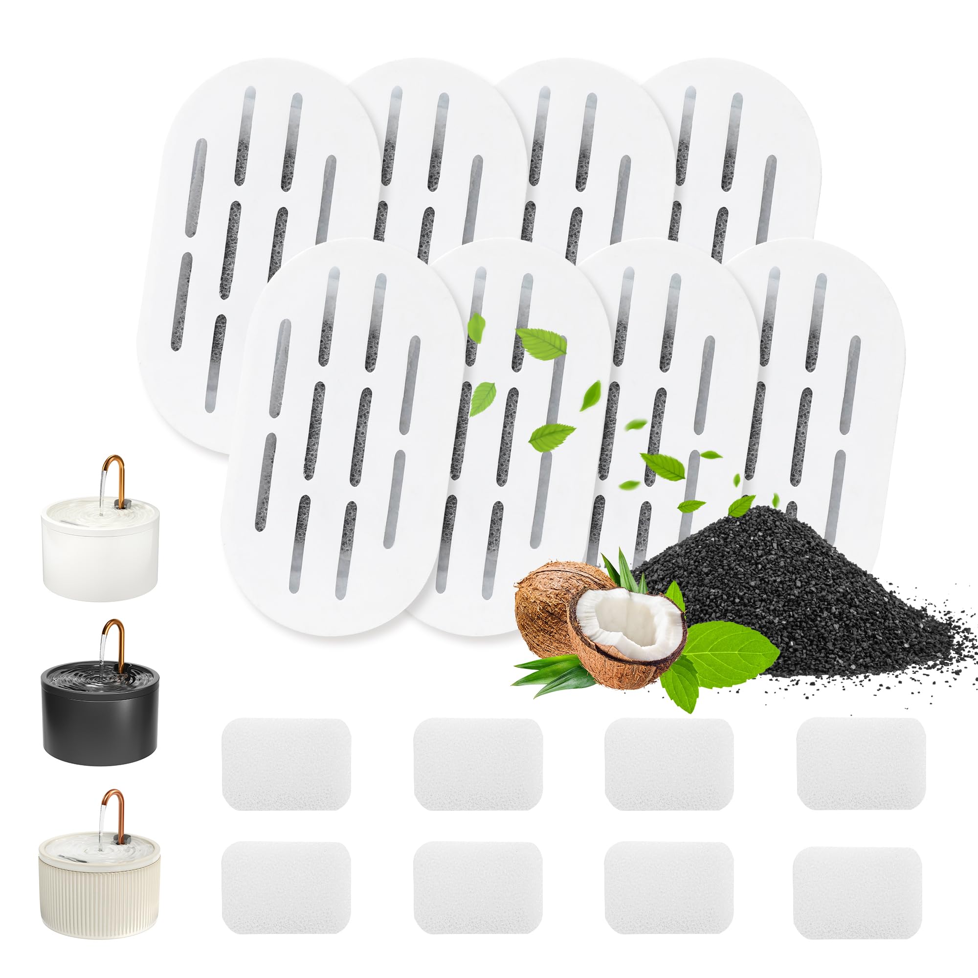 MISFANS Ceramic Cat Water Fountain Filters, 8 Pack Replacement Filters & 8 Pack Replacement Pre-Filter Sponges Set for MISFANS and Other Ceramic Pet Fountain Water Dispenser