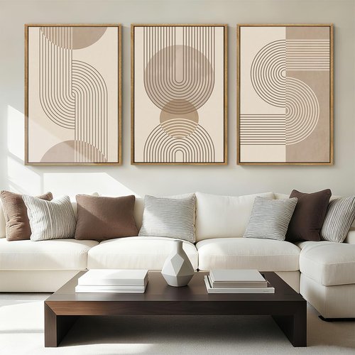 Anyzal Large Abstract Wall Art - Framed Boho Geometric Line Artwork | Modern Minimalist Beige Painting Set of 3 (24''x36'') for Living Room & Office