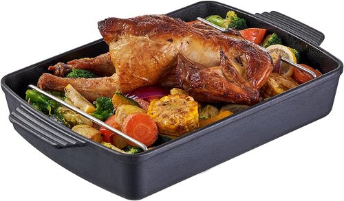 Cast Iron Roasting Pan - Heavy Duty Turkey Roaster with Rack | Induction Compatible, 9 x 12.6 Inch