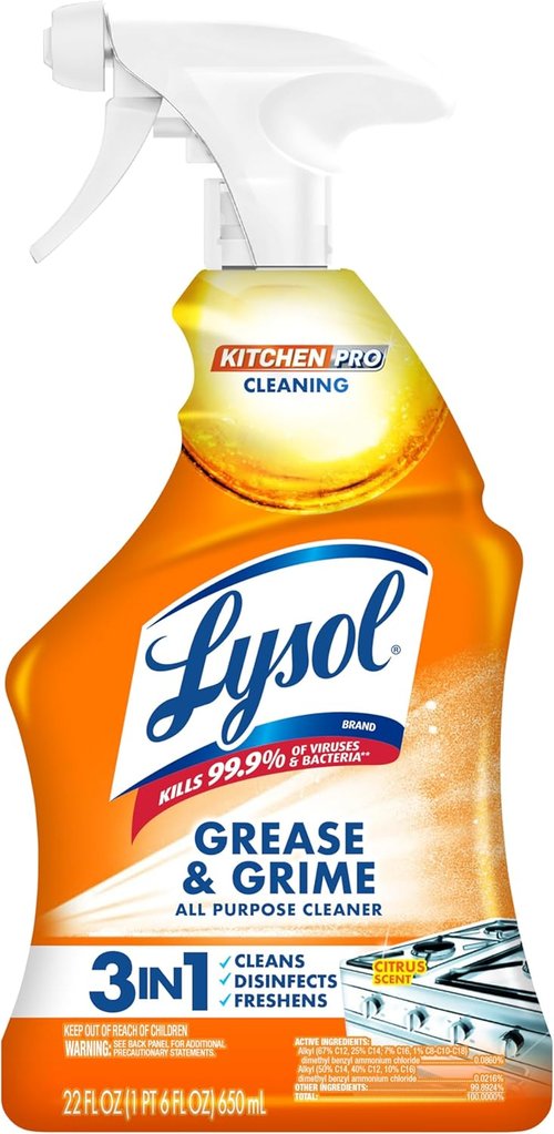 Lysol Pro Kitchen Spray Cleaner - Antibacterial All-Purpose Degreaser for Kitchens | Citrus Scent, 22oz