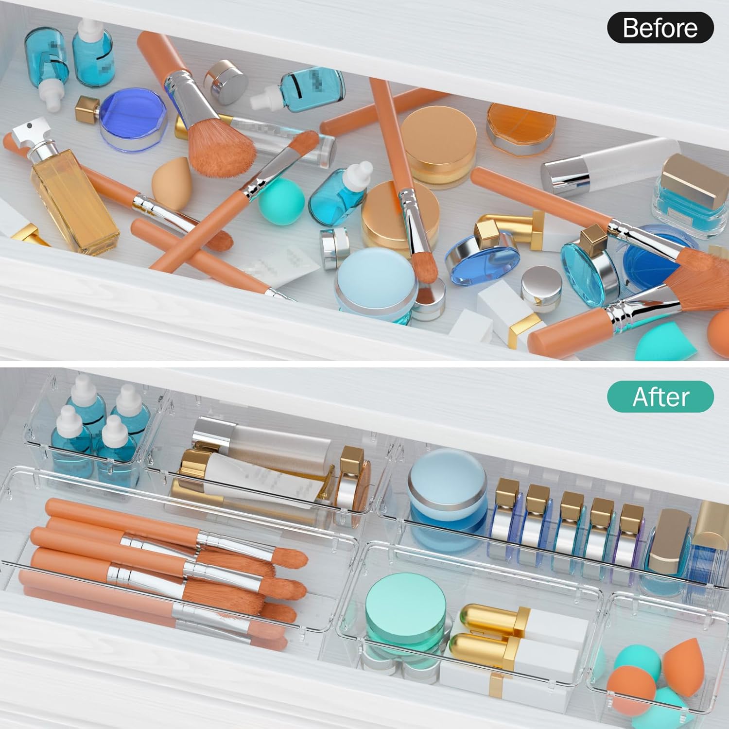 WOWBOX Clear Drawer Organizer Set - 6 Acrylic Storage Trays for Makeup, Jewelry, Office Supplies