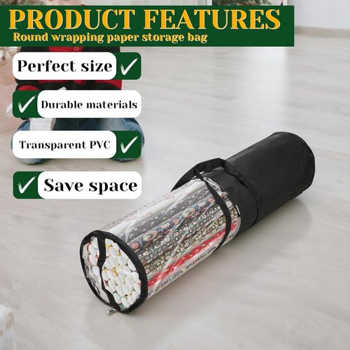Homakover Clear PVC Gift Wrap Organizer - Zippered Storage for 18-25 Rolls | 30" Black Design