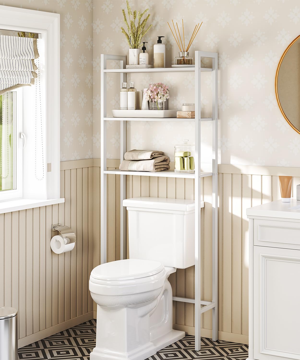 HOOBRO Over The Toilet Storage, 3-Tier Bathroom Organizer Shelf Over Toilet, Freestanding Bathroom Storage Shelves, Space Saver, Easy to Assemble for Room, White WT41TS01