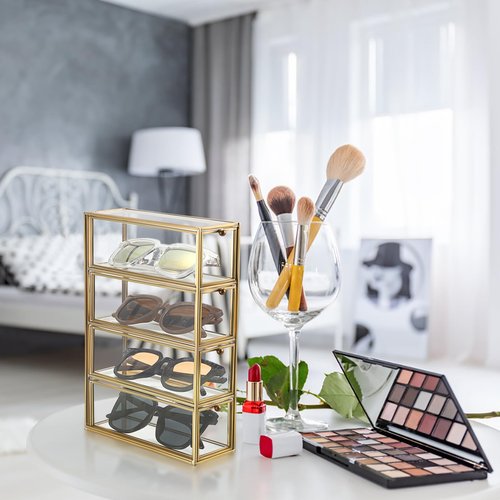 ELLDOO Coffee Pod Holder with 4 Drawers, Gold Glass Coffee Pod Organizer for K Cup Espresso, Clear Coffee Capsule Storage Holder for Coffee Bar Office Home Coffee Station Counter