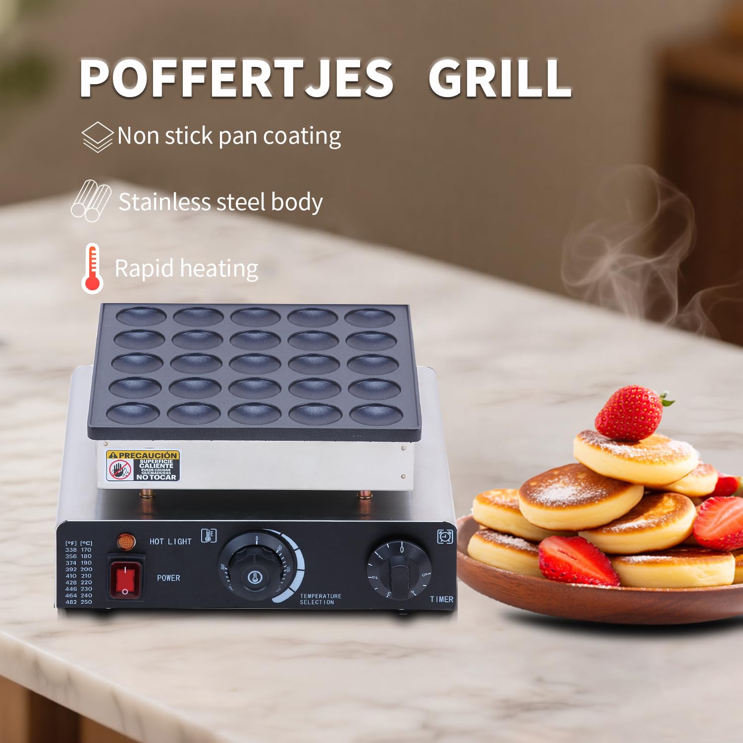SNICE Commercial Electric Poffertjes Grill, Silver and Black, Stainless Steel, 25 Cavities, Temperature Control, 1700W Mini Dutch Pancake Maker