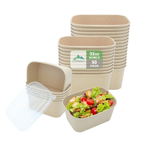 Kaderron 50 Pack 32 OZ Large Paper Bowls with Lids, Heavy Duty Disposable Compostable Container for Party, Disposable Bowls Bulk Soak-Proof and Microwave Safe for Hot/Cold Use(32OZ-50PACK)