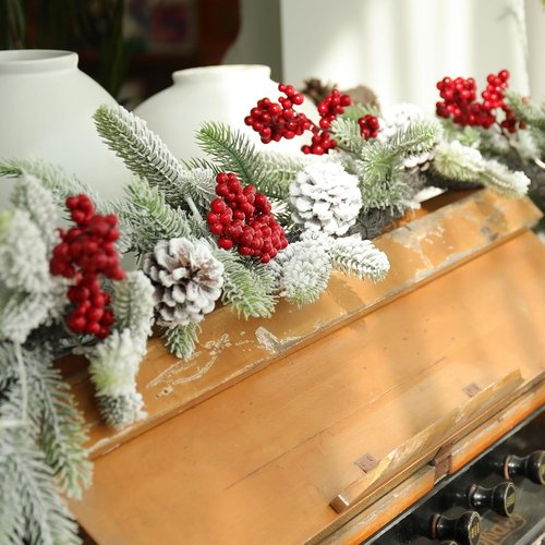 Bdor 6FT Pre-Lit Christmas Garland - Snow Flocked Pine with Red Berries & Pinecones | Battery Operated Holiday Decor for Mantel & Staircase